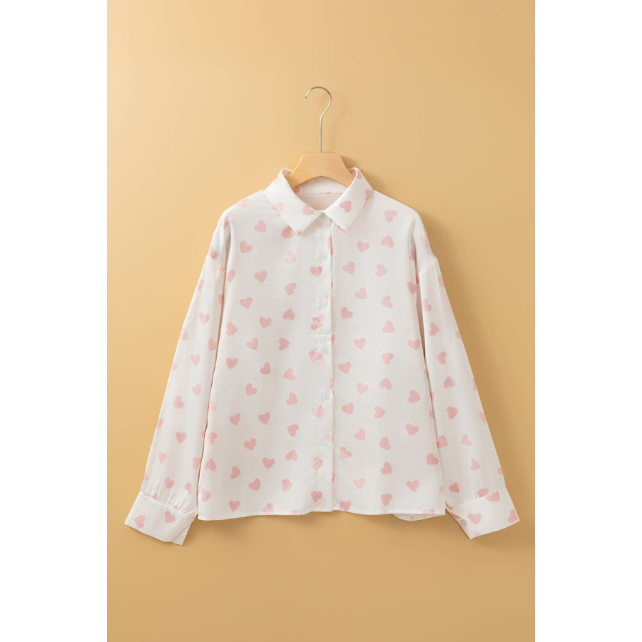 Heart Print Collared Neck Long Sleeve Shirt Apparel and Accessories