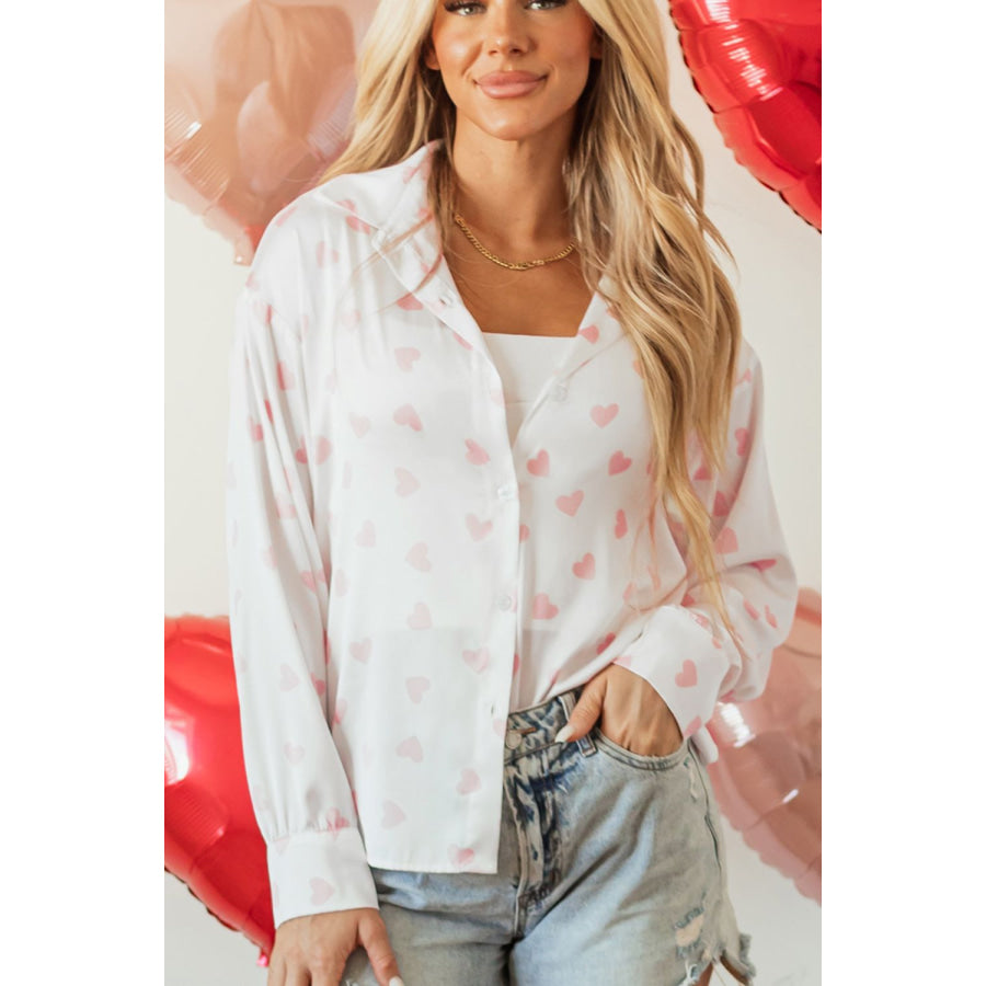 Heart Print Collared Neck Long Sleeve Shirt Apparel and Accessories