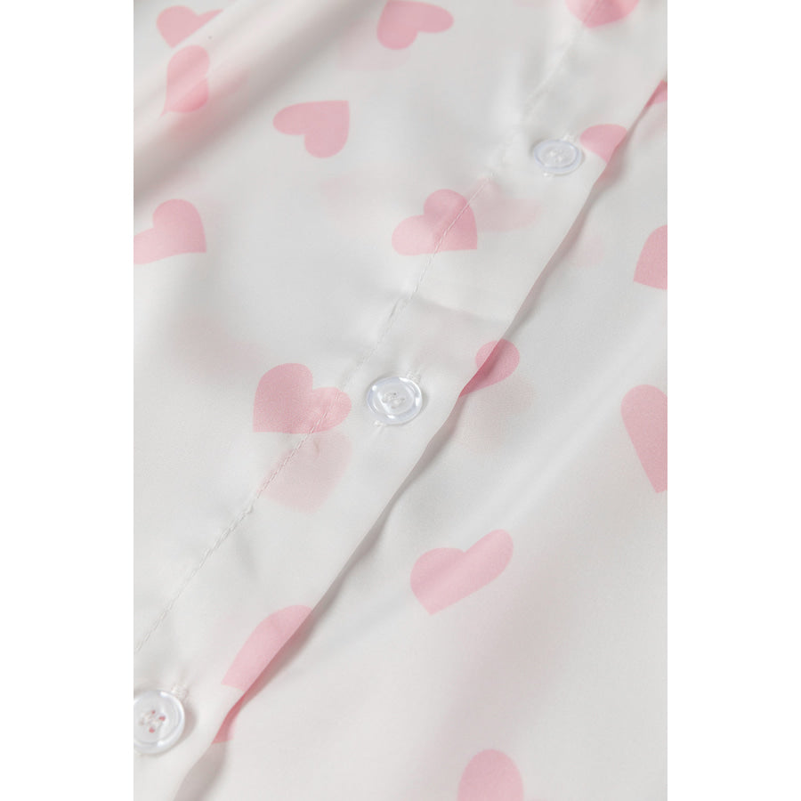 Heart Print Collared Neck Long Sleeve Shirt Apparel and Accessories