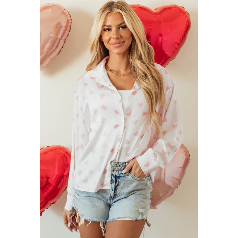 Heart Print Collared Neck Long Sleeve Shirt Apparel and Accessories