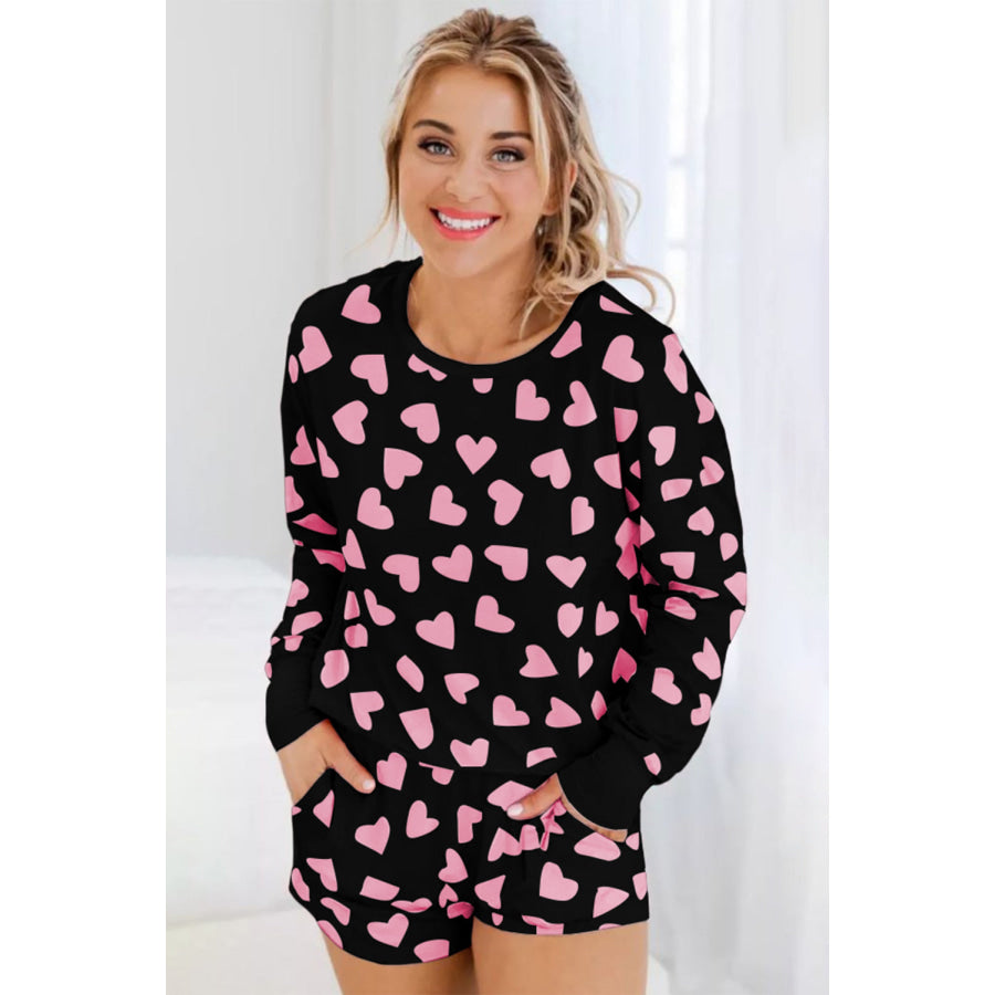 Heart Print Long Sleeve Top and Shorts Lounge Set Apparel and Accessories
