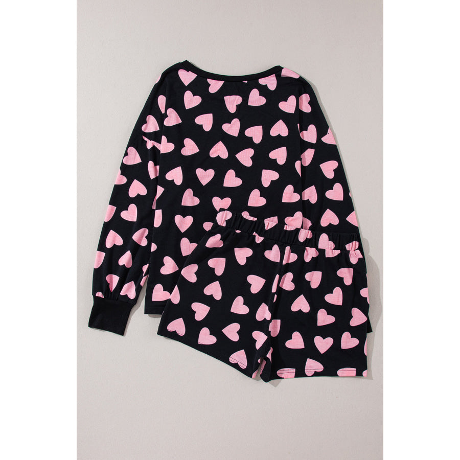 Heart Print Long Sleeve Top and Shorts Lounge Set Apparel and Accessories
