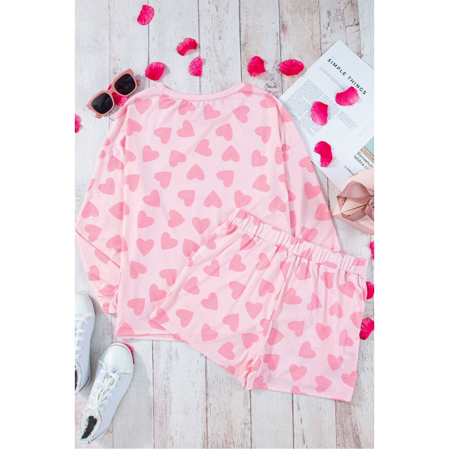 Heart Print Long Sleeve Top and Shorts Lounge Set Apparel and Accessories
