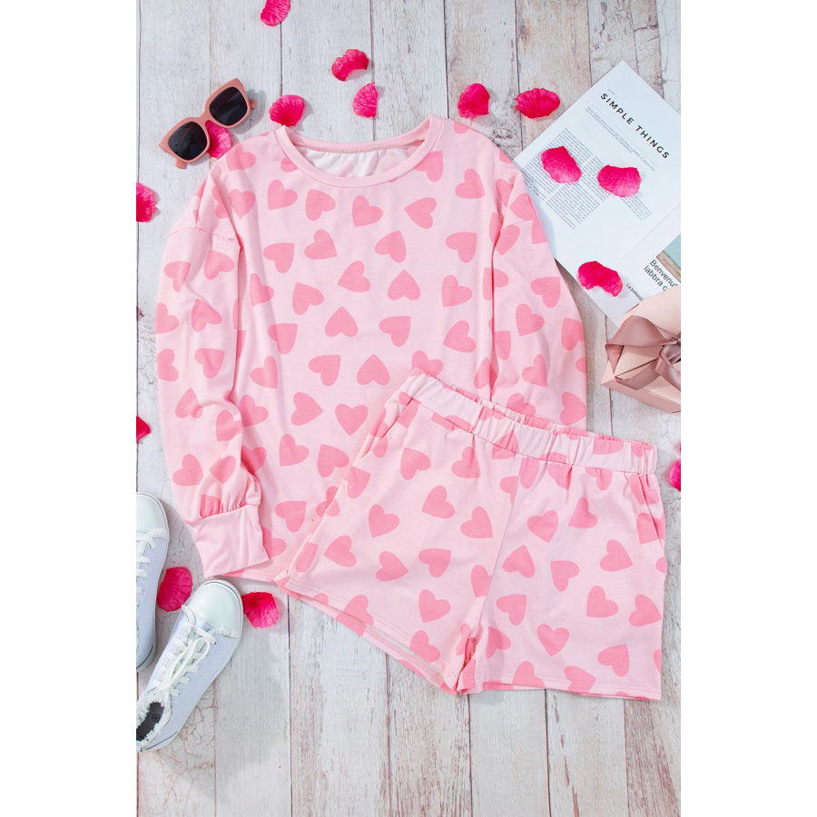 Heart Print Long Sleeve Top and Shorts Lounge Set Apparel and Accessories