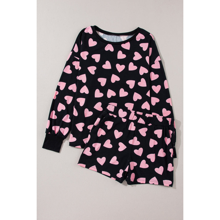 Heart Print Long Sleeve Top and Shorts Lounge Set Apparel and Accessories