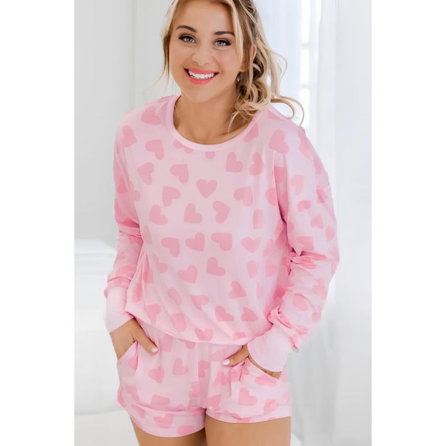 Heart Print Long Sleeve Top and Shorts Lounge Set Blush Pink / S Apparel and Accessories