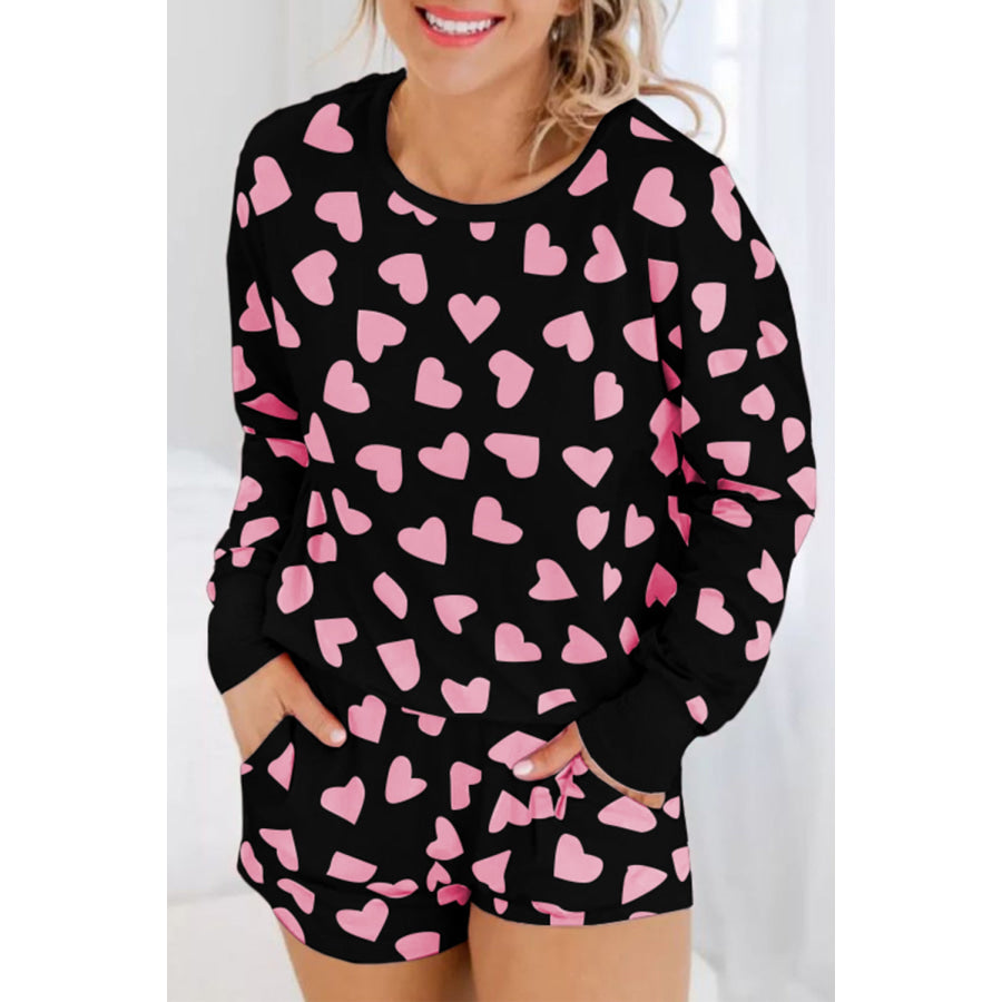 Heart Print Long Sleeve Top and Shorts Lounge Set Black / S Apparel and Accessories