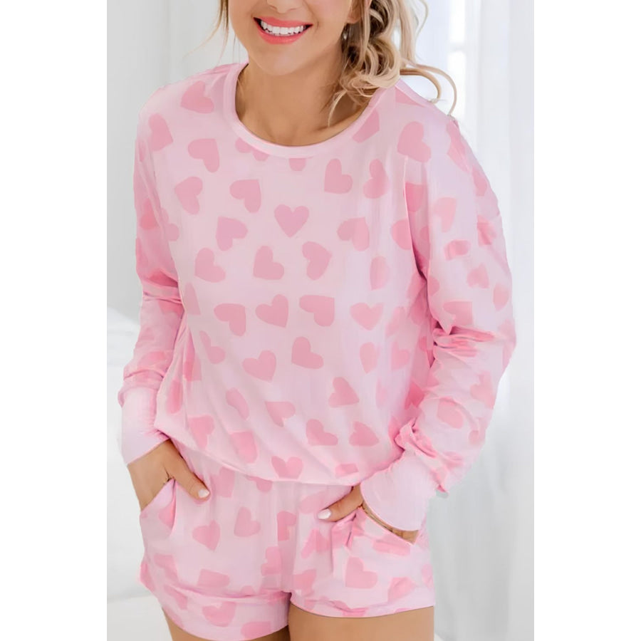 Heart Print Long Sleeve Top and Shorts Lounge Set Blush Pink / S Apparel and Accessories