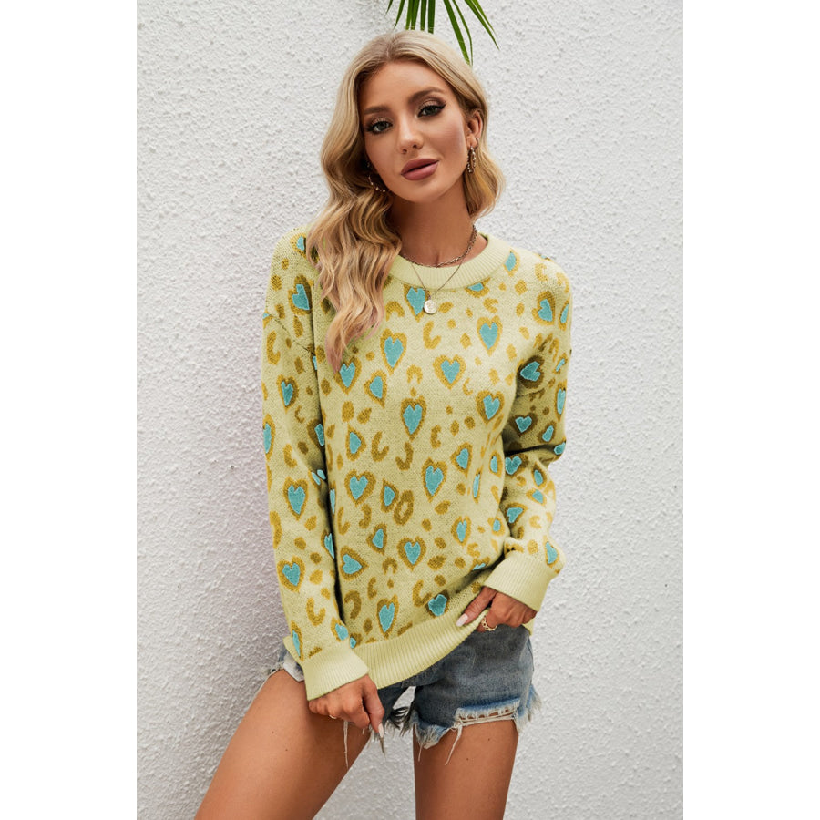 Heart Round Neck Dropped Shoulder Sweater Apparel and Accessories