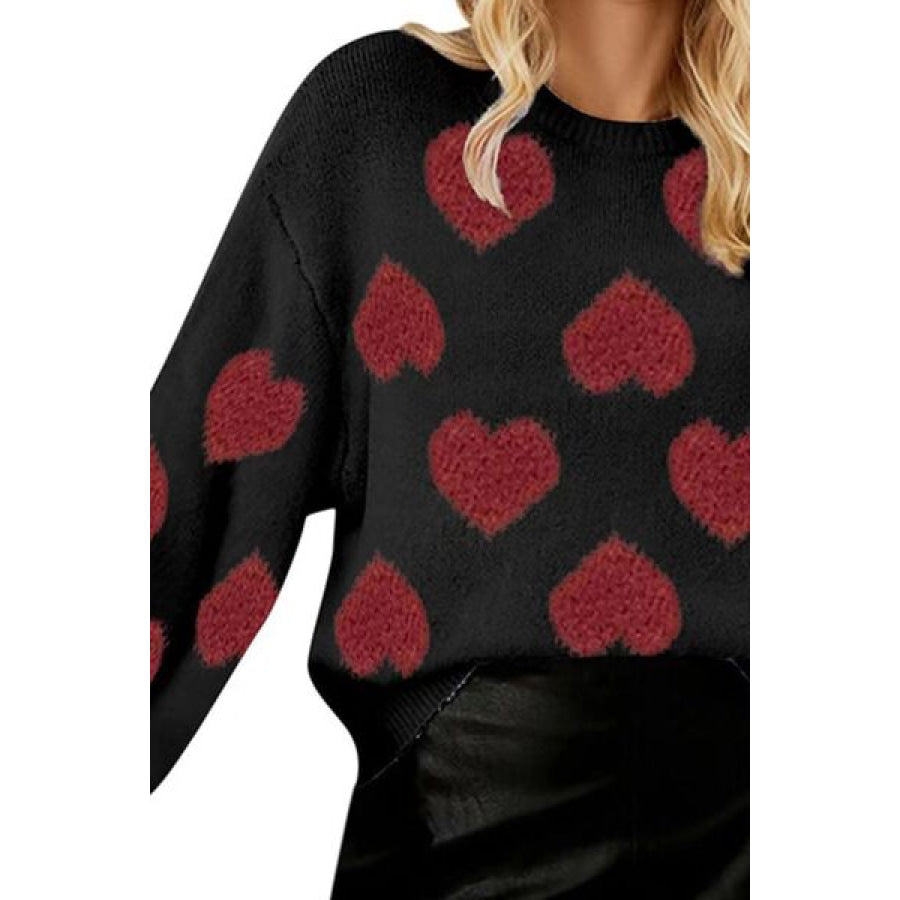 Heart Round Neck Dropped Shoulder Sweater Apparel and Accessories