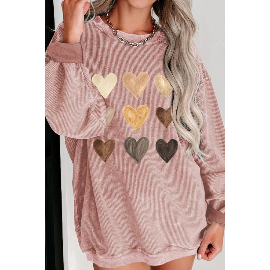 Heart Round Neck Dropped Shoulder Sweatshirt Apparel and Accessories