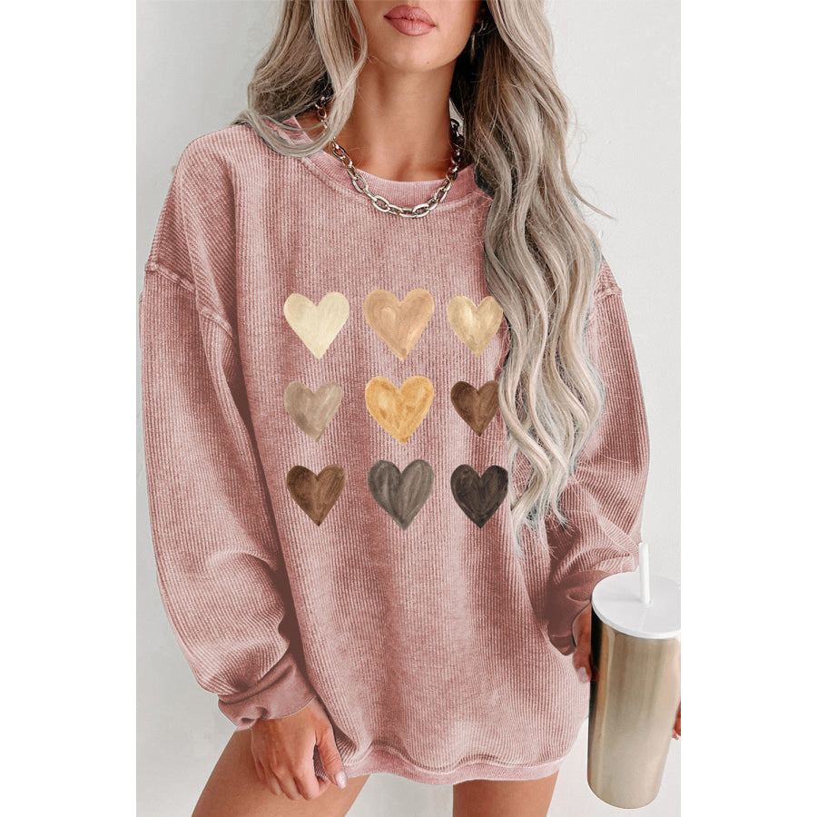 Heart Round Neck Dropped Shoulder Sweatshirt Dusty Pink / S Apparel and Accessories