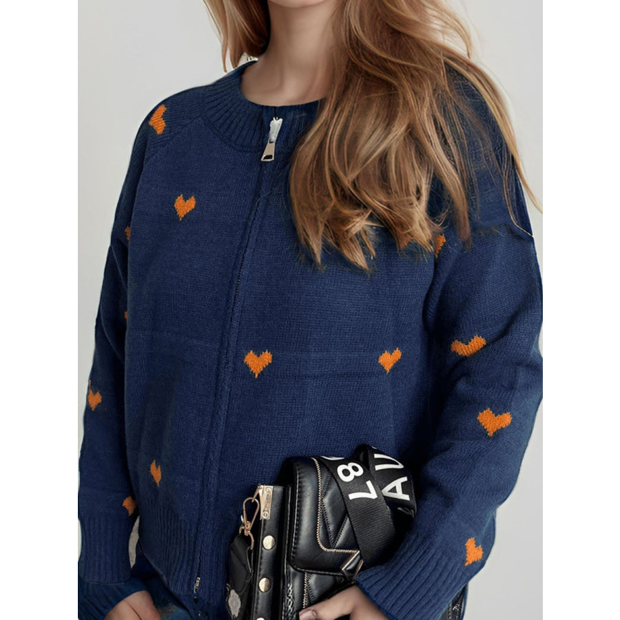 Heart Round Neck Zip Up Cardigan Apparel and Accessories