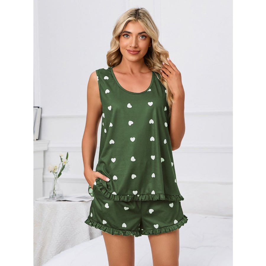 Heart Scoop Neck Tank and Shorts Lounge Set Army Green / S Apparel and Accessories