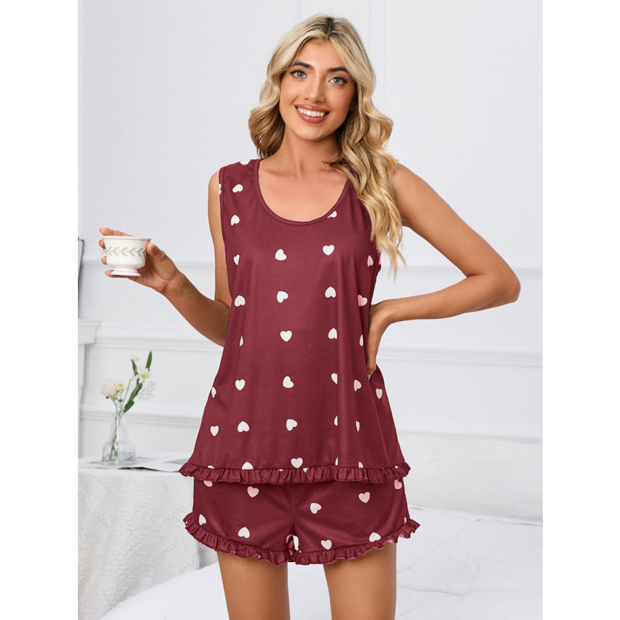Heart Scoop Neck Tank and Shorts Lounge Set Wine / S Apparel and Accessories