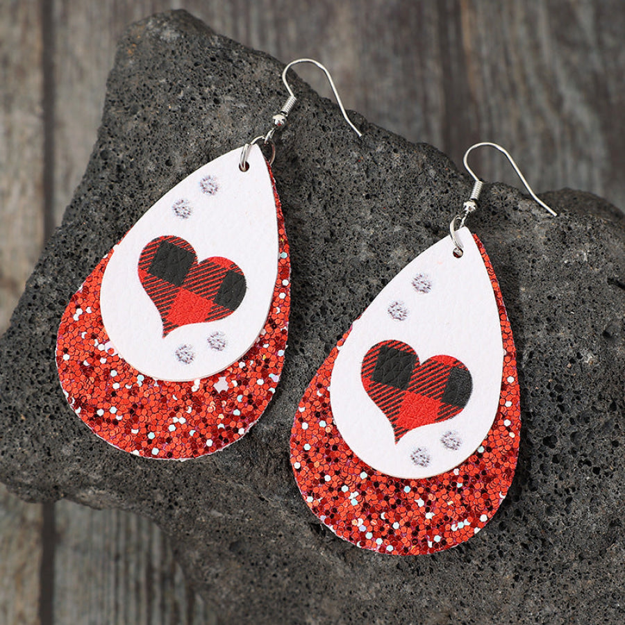 Heart Sequin Leather Teardrop Earrings Red / One Size Apparel and Accessories