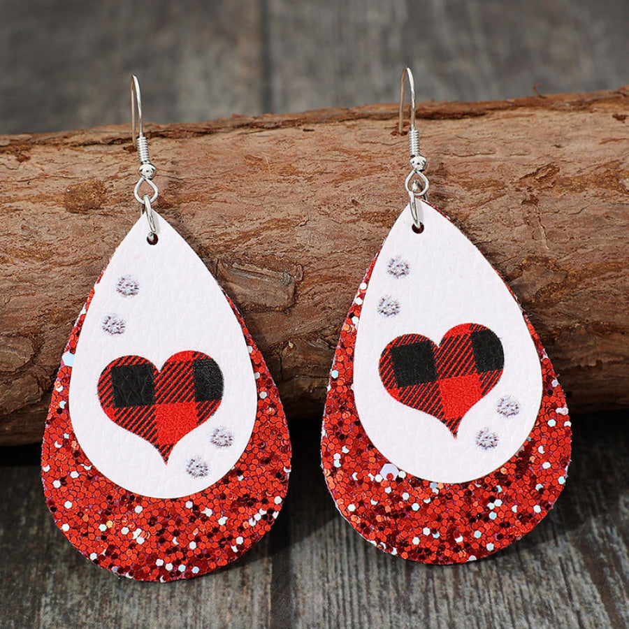 Heart Sequin Leather Teardrop Earrings Red / One Size Apparel and Accessories