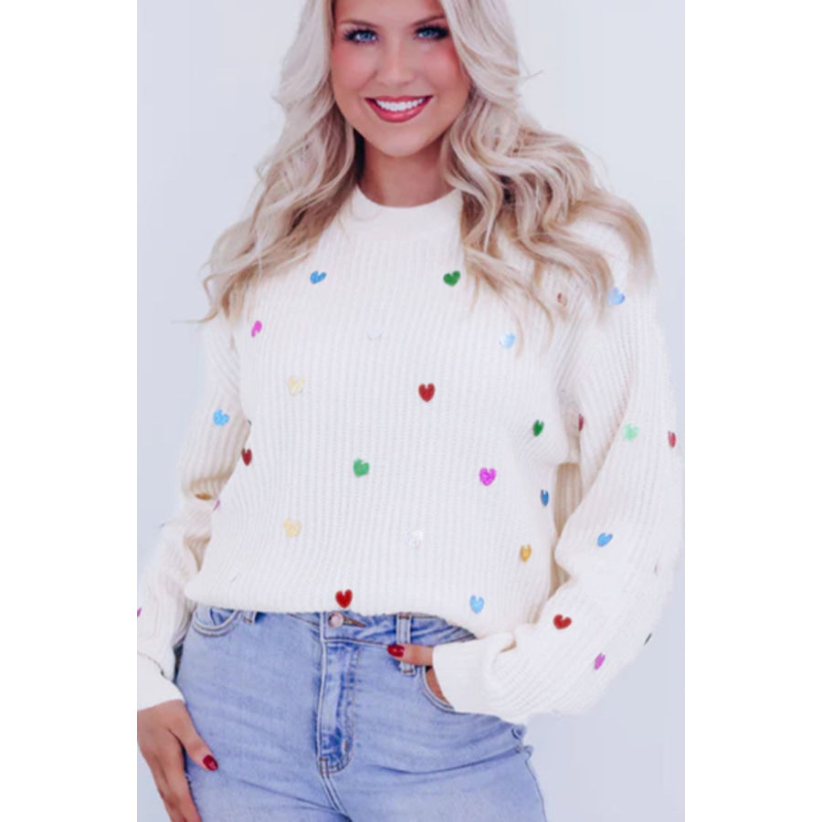 Heart Sequin Round Neck Long Sleeve Sweater Apparel and Accessories