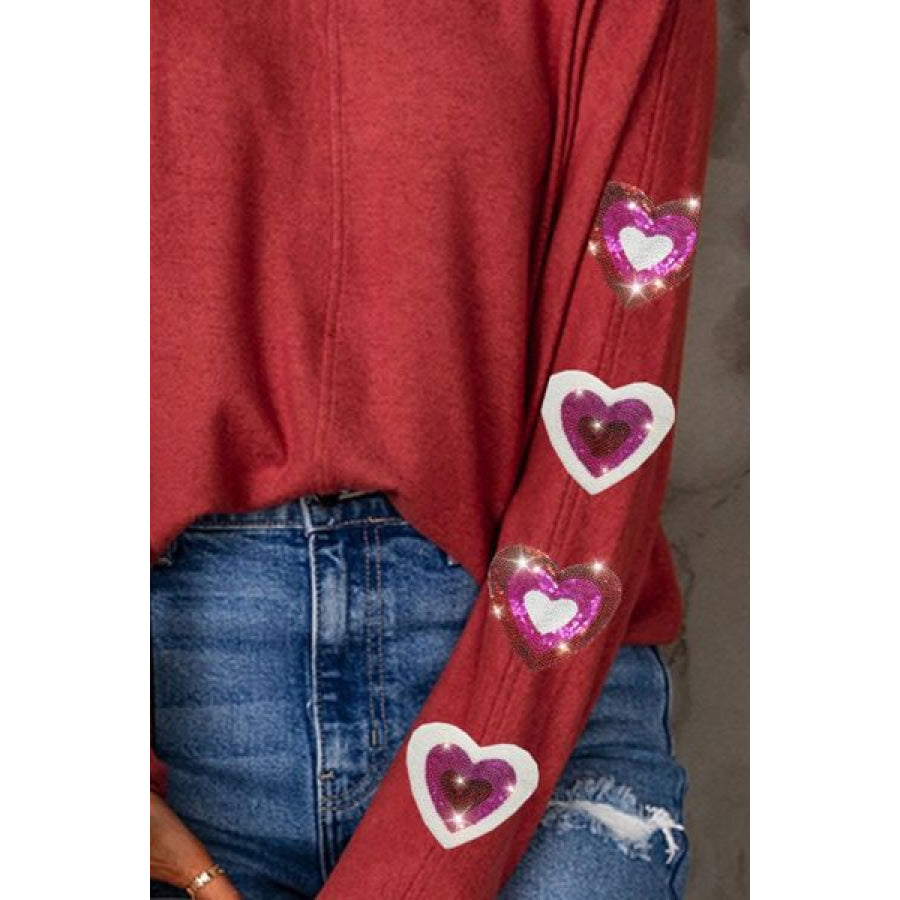 Heart Sequin Round Neck Long Sleeve T-Shirt Clothing