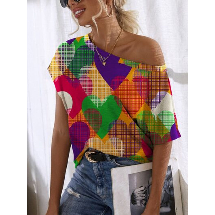 Heart Single Shoulder Short Sleeve T - Shirt Multicolor / S Apparel and Accessories