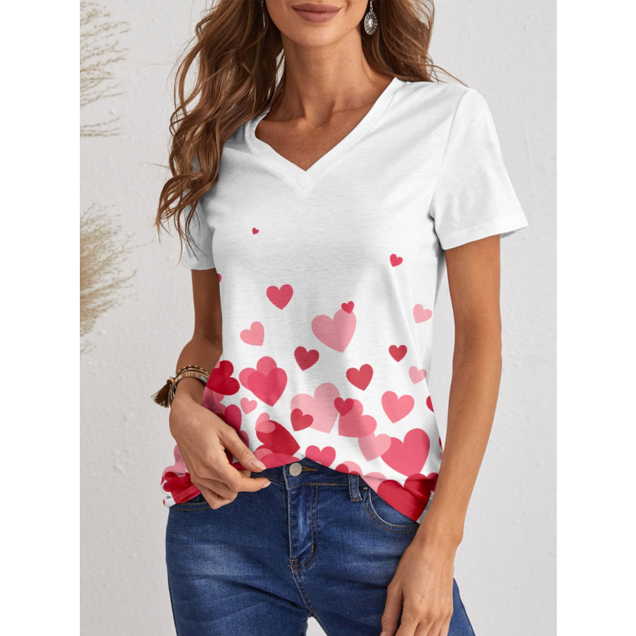 Heart V-Neck Short Sleeve T-Shirt White / S Apparel and Accessories