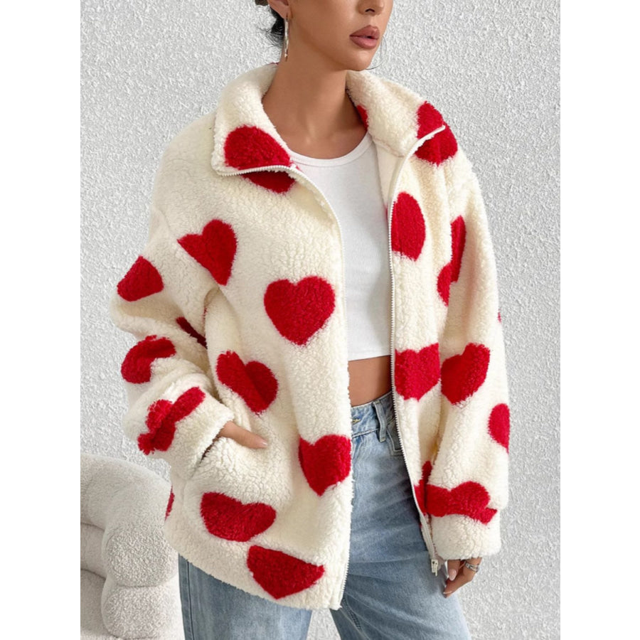Heart Zip Up Drop Shoulder Furry Jacket Apparel and Accessories