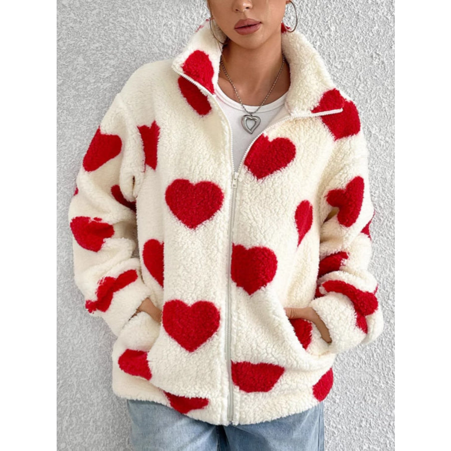 Heart Zip Up Drop Shoulder Furry Jacket Apparel and Accessories