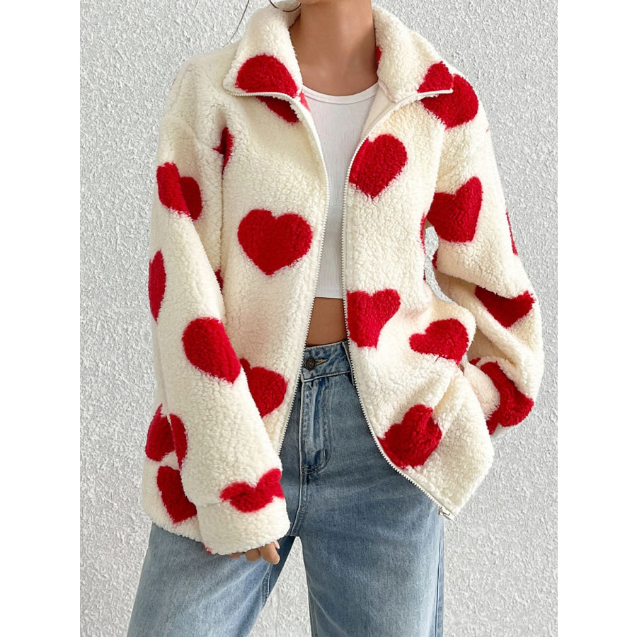 Heart Zip Up Drop Shoulder Furry Jacket Apparel and Accessories