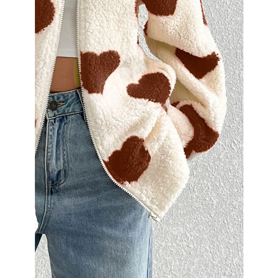 Heart Zip Up Drop Shoulder Furry Jacket Apparel and Accessories
