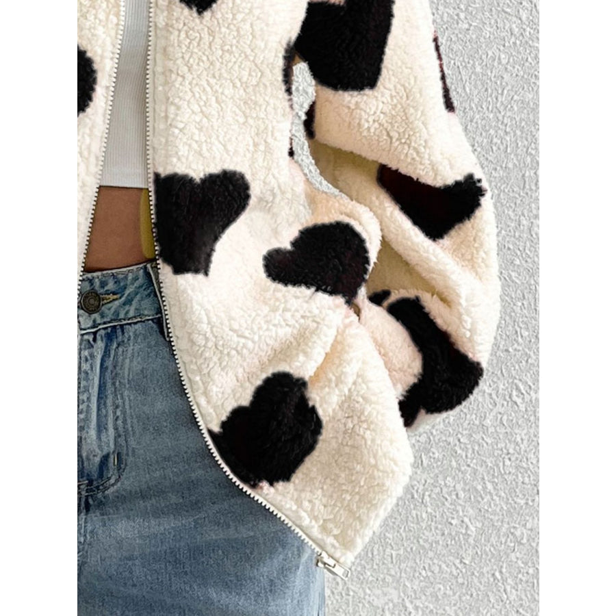 Heart Zip Up Drop Shoulder Furry Jacket Apparel and Accessories