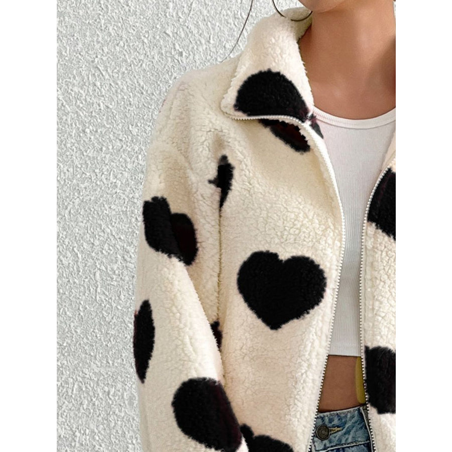 Heart Zip Up Drop Shoulder Furry Jacket Apparel and Accessories