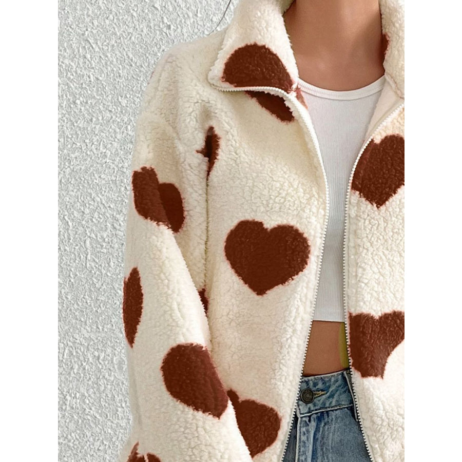 Heart Zip Up Drop Shoulder Furry Jacket Apparel and Accessories