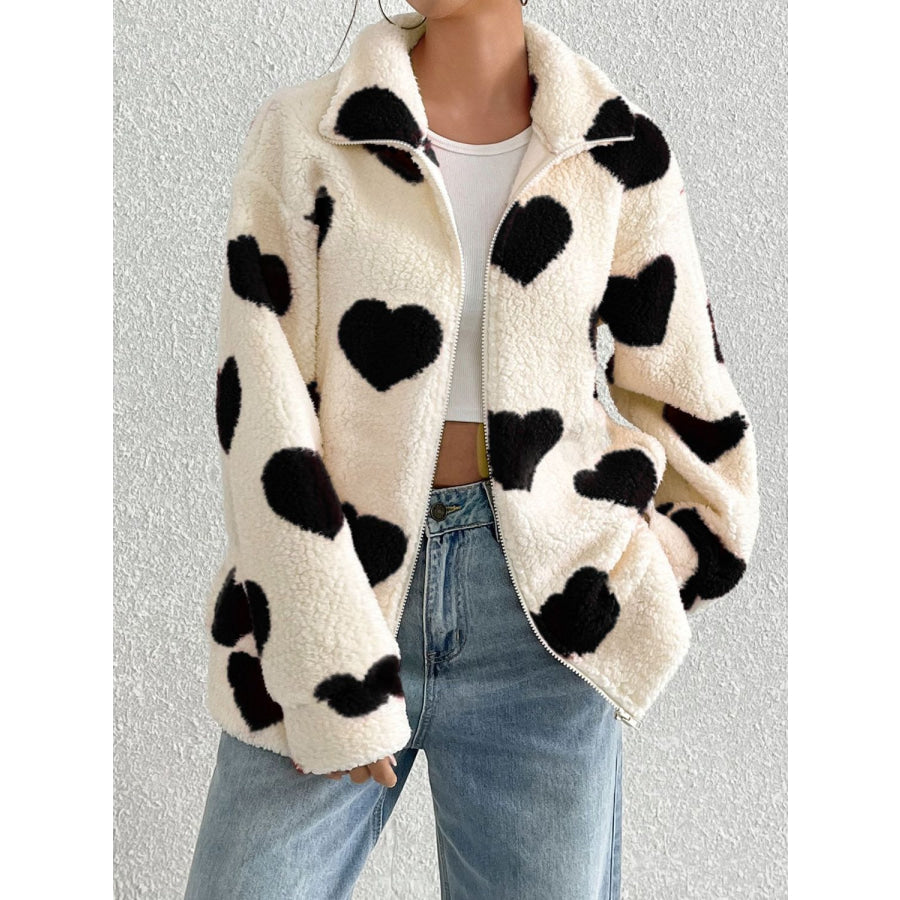 Heart Zip Up Drop Shoulder Furry Jacket Black / S Apparel and Accessories