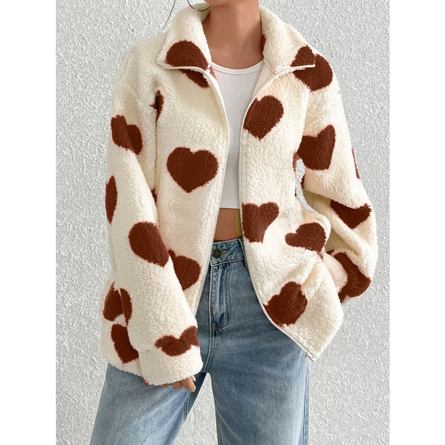Heart Zip Up Drop Shoulder Furry Jacket Brown / S Apparel and Accessories