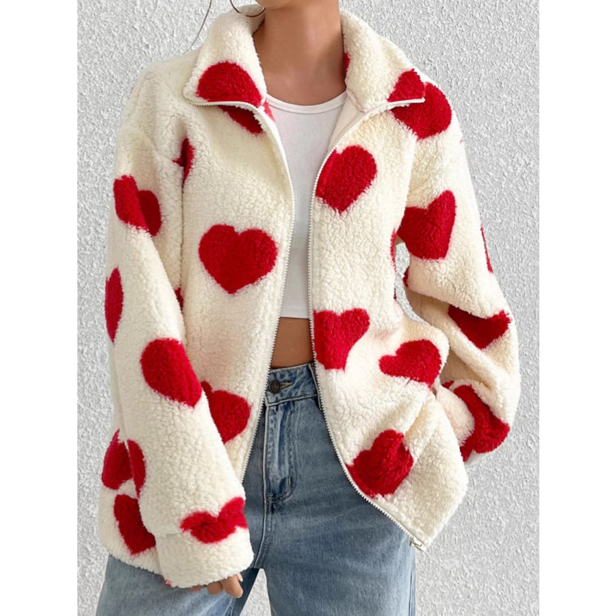 Heart Zip Up Drop Shoulder Furry Jacket Red / S Apparel and Accessories