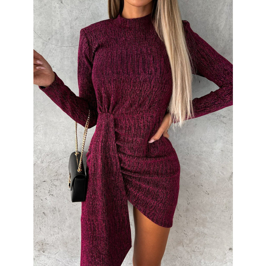 Heathered Mock Neck Long Sleeve Mini Dress Cerise / S Apparel and Accessories