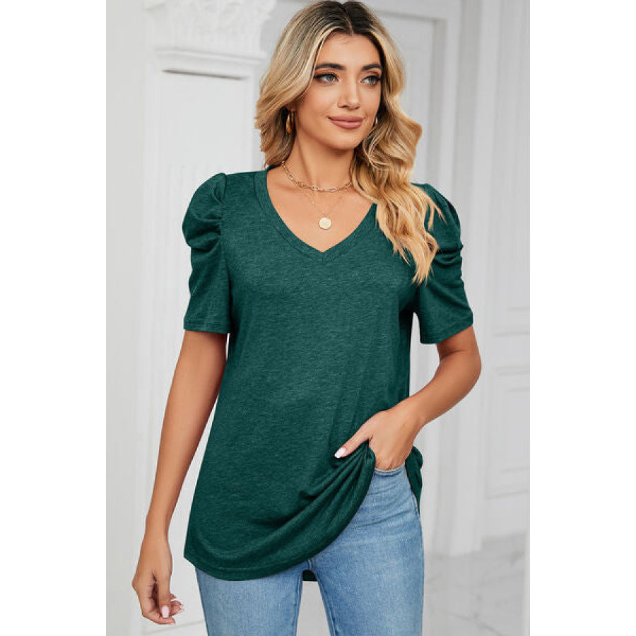 Heathered V - Neck Puff Sleeve T - Shirt Apparel and Accessories