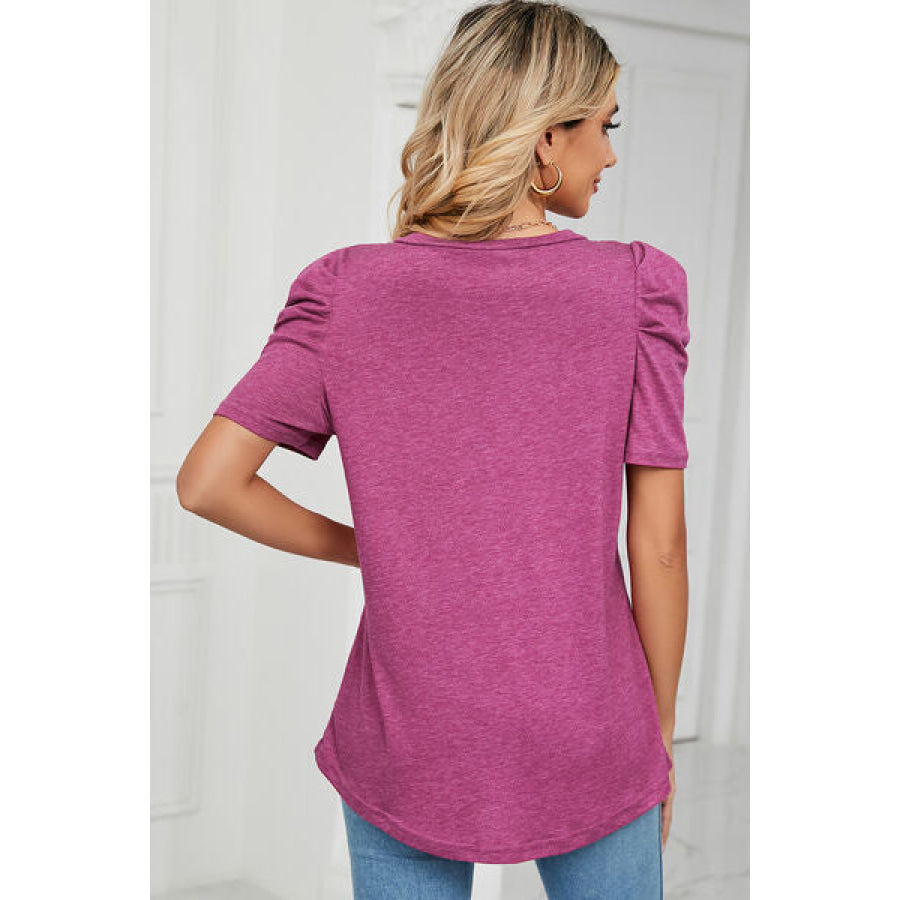 Heathered V - Neck Puff Sleeve T - Shirt Cerise / S Apparel and Accessories