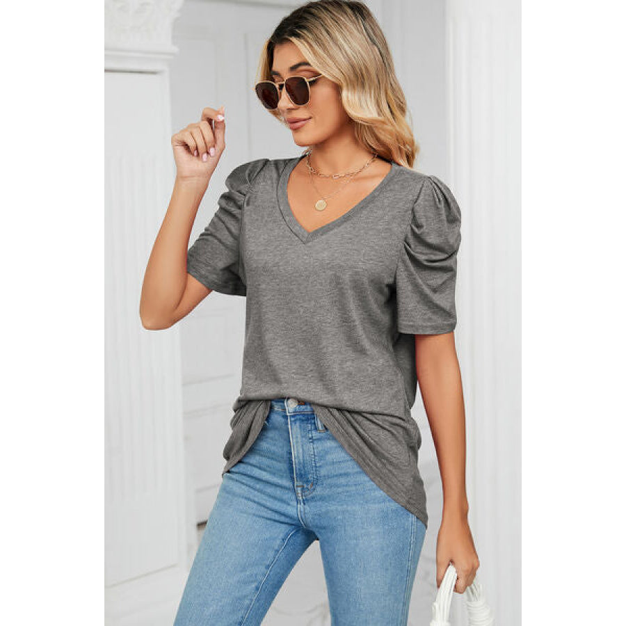 Heathered V - Neck Puff Sleeve T - Shirt Apparel and Accessories