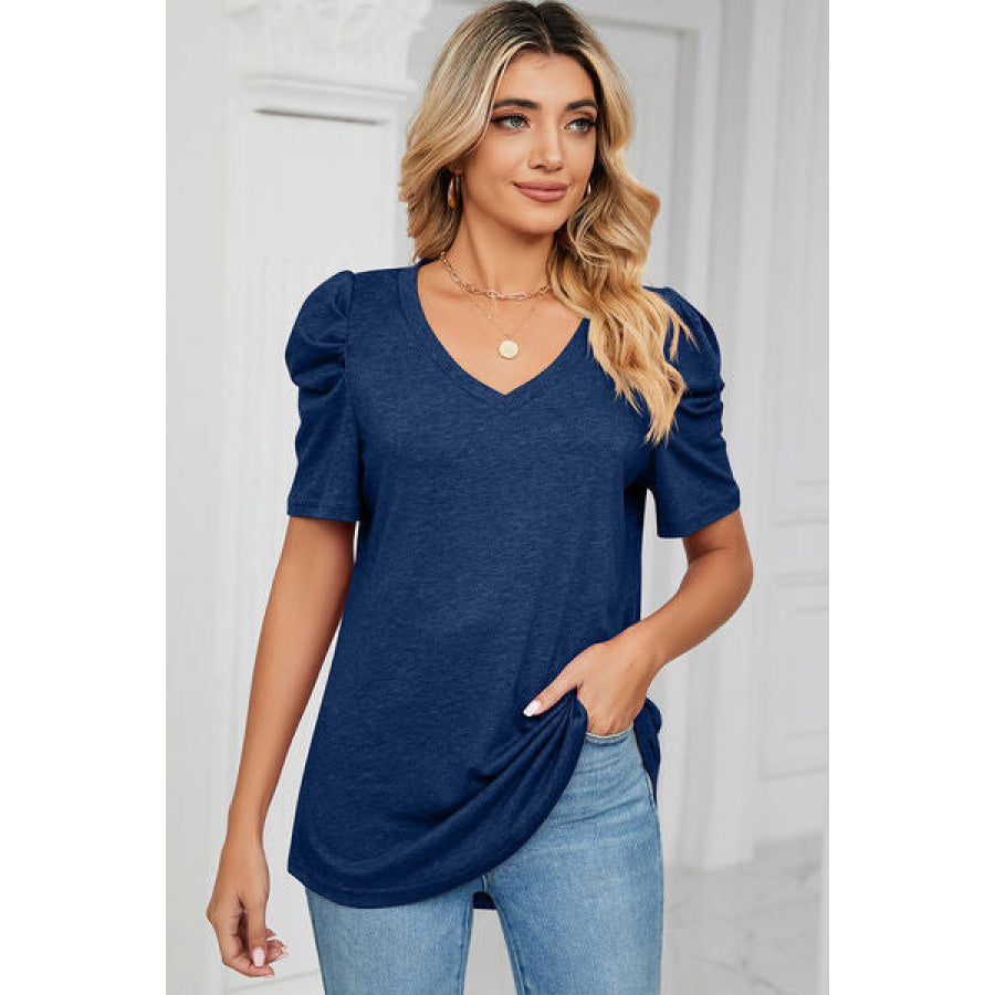 Heathered V - Neck Puff Sleeve T - Shirt Apparel and Accessories