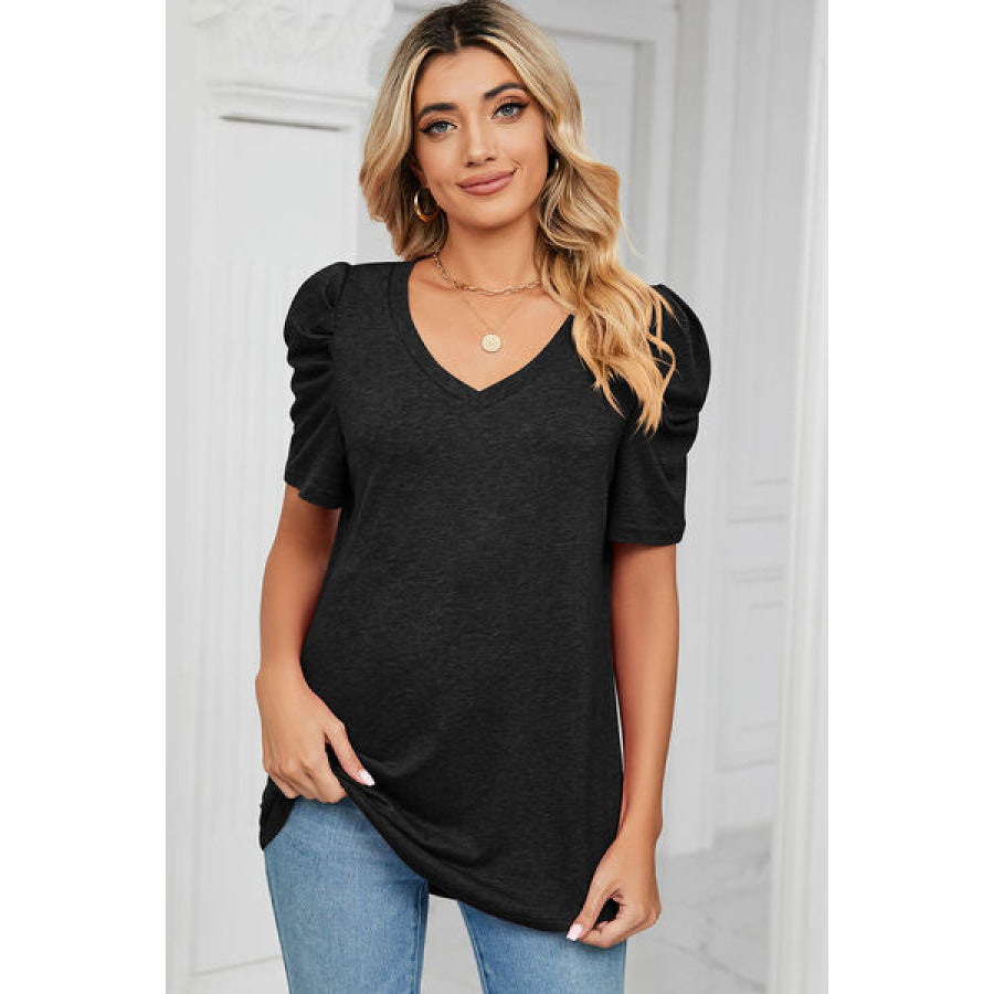 Heathered V - Neck Puff Sleeve T - Shirt Black / S Apparel and Accessories