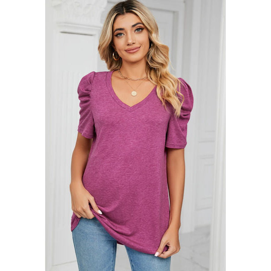 Heathered V - Neck Puff Sleeve T - Shirt Cerise / S Apparel and Accessories