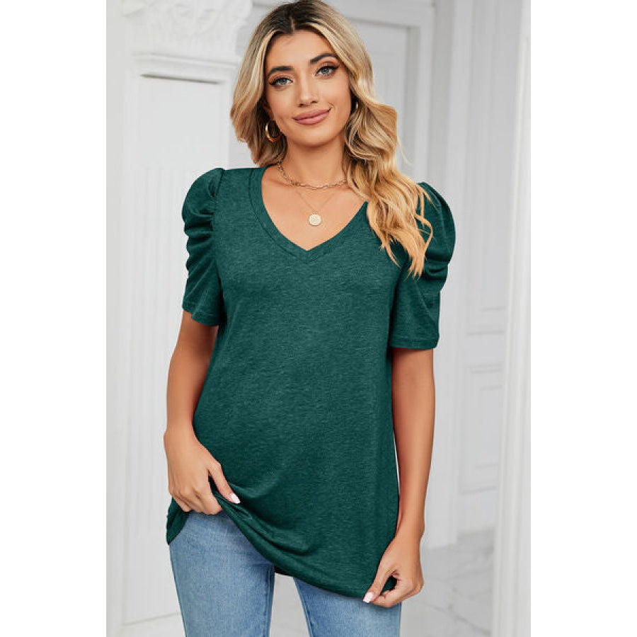 Heathered V - Neck Puff Sleeve T - Shirt Green / S Apparel and Accessories
