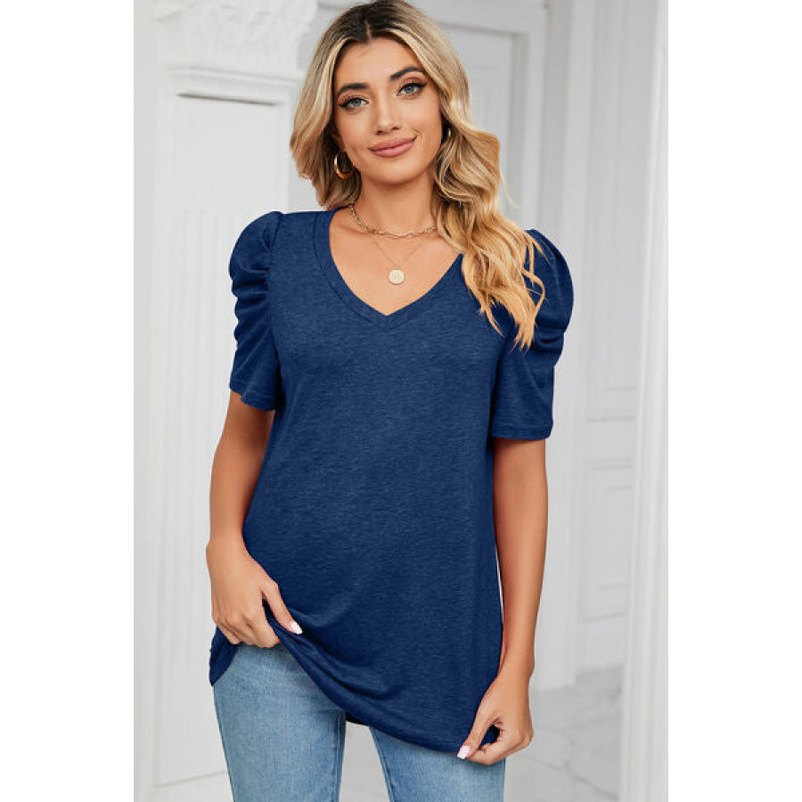 Heathered V - Neck Puff Sleeve T - Shirt Navy / S Apparel and Accessories