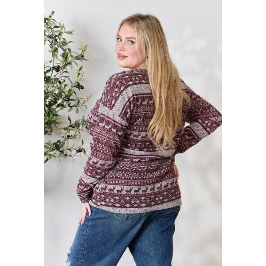 Heimish Full Size Christmas Element Buttoned Long Sleeve Top Wine / S Clothing