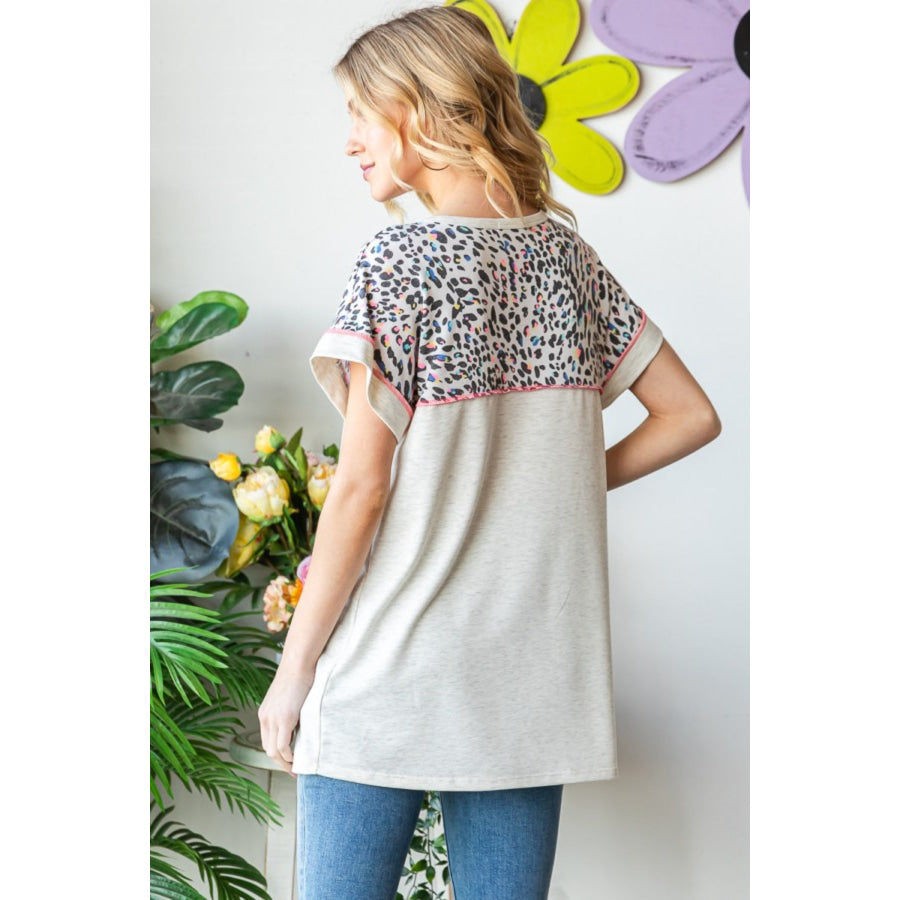 Heimish Full Size Exposed Seam Leopard Short Sleeve T-Shirt Oatmeal / S Apparel and Accessories