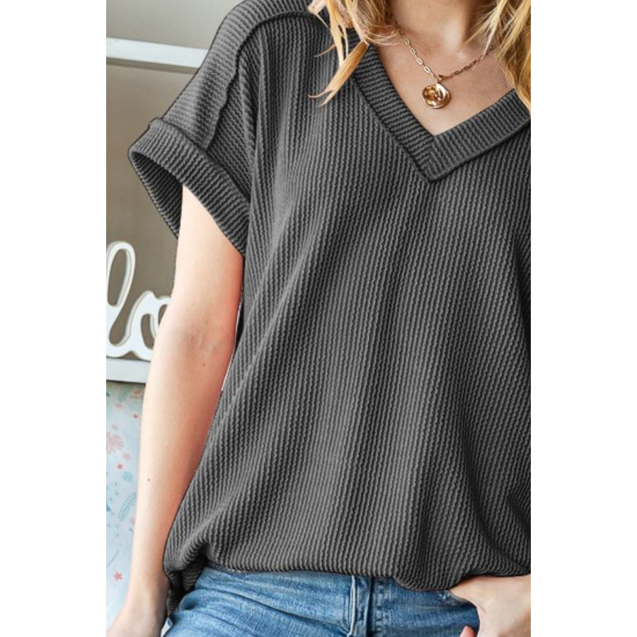 Heimish Full Size Exposed Seam Short Sleeve Ribbed Top Apparel and Accessories