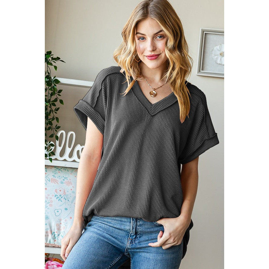 Heimish Full Size Exposed Seam Short Sleeve Ribbed Top Charcoal / S Apparel and Accessories