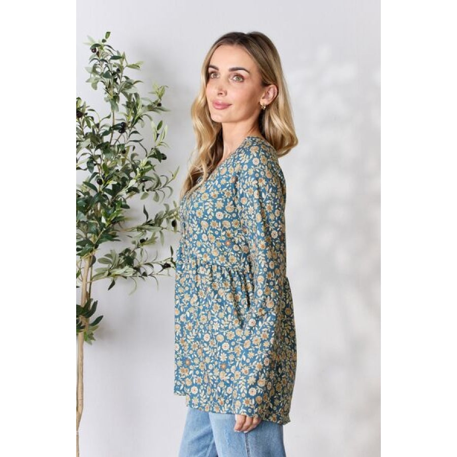 Heimish Full Size Floral Half Button Long Sleeve Blouse Dusty Teal Multi / S Clothing