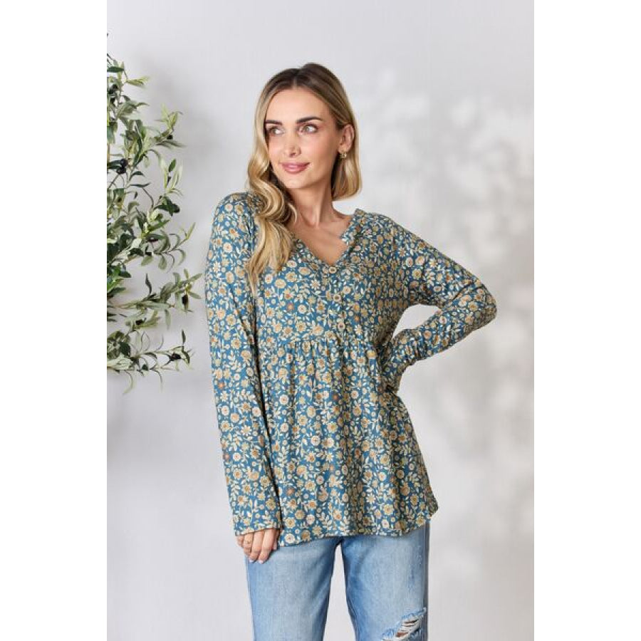 Heimish Full Size Floral Half Button Long Sleeve Blouse Dusty Teal Multi / S Clothing